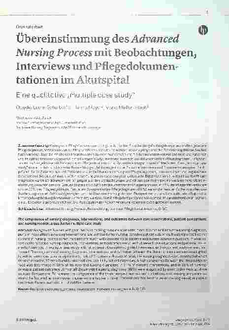 Vorschauseite 1: Übereinstimmung des Advanced Nursing Process mit Beobachtungen, Interviews und Pflegedokumentationen im Akutspital. Eine qualitative „multiple case study“. Claudia Leoni-Scheiber,…
