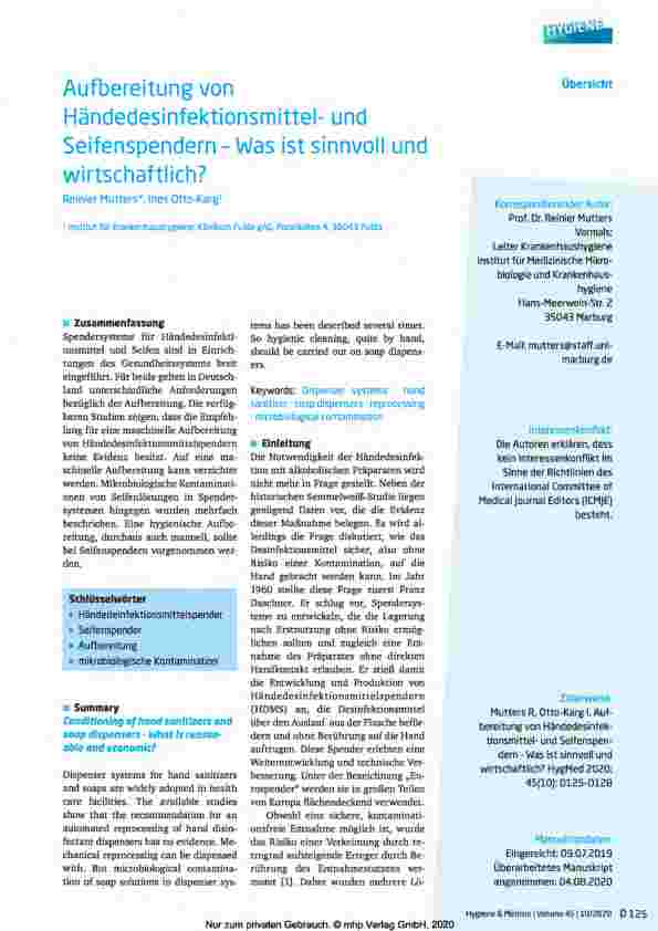 Vorschauseite 1: Aufbereitung von Händedesinfektionsmittelund Seifenspendern - Was ist sinnvoll und wirtschaftlich?