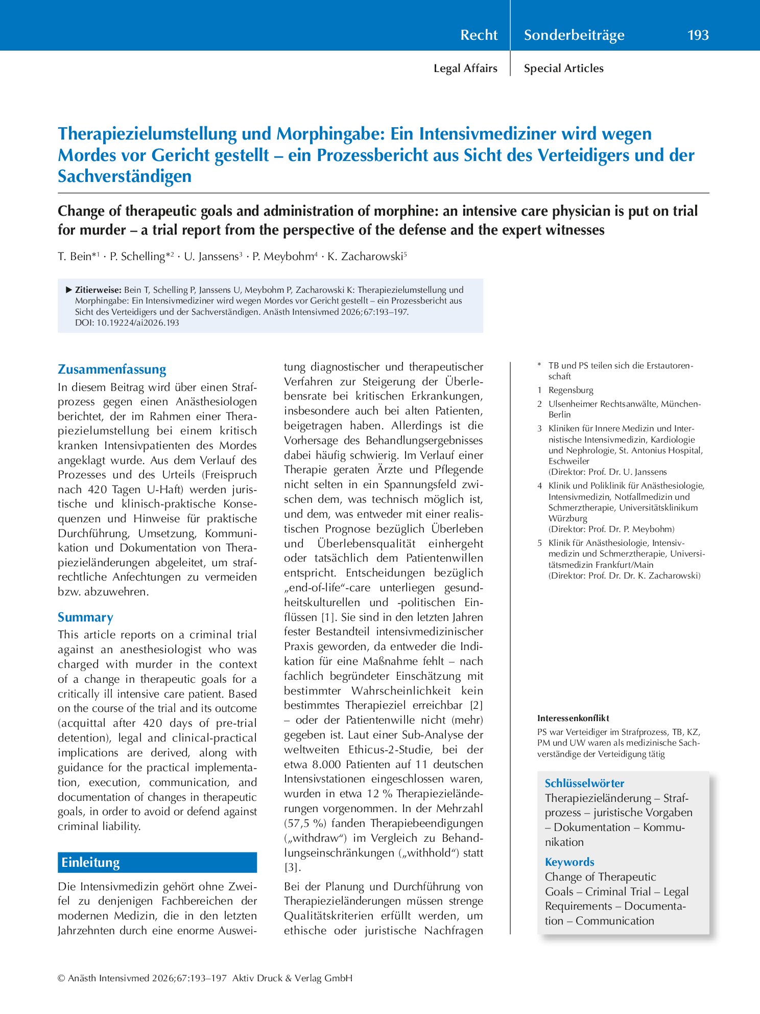 Vorschauseite 1: Therapiezielumstellung und Morphingabe: Ein Intensivmediziner wird wegen Mordes vor Gericht gestellt – ein Prozessbericht aus Sicht des Verteidigers und der Sachverständigen
