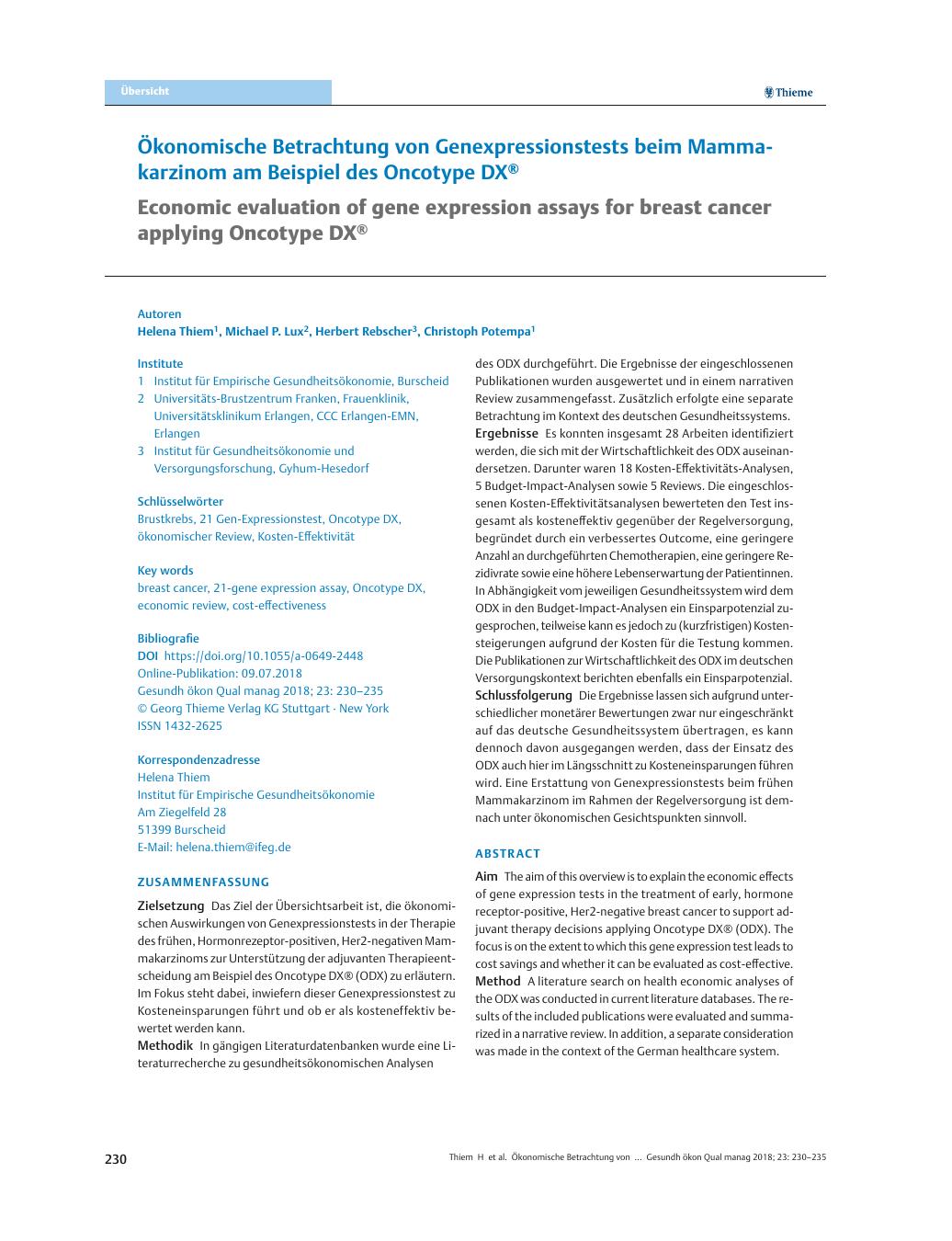 Vorschauseite 1: Ökonomische Betrachtung von Genexpressionstests beim Mammakarzinom am Beispiel des Oncotype DX®
