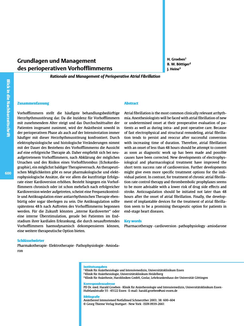 Vorschauseite 1: Grundlagen und Management des perioperativen Vorhofflimmerns