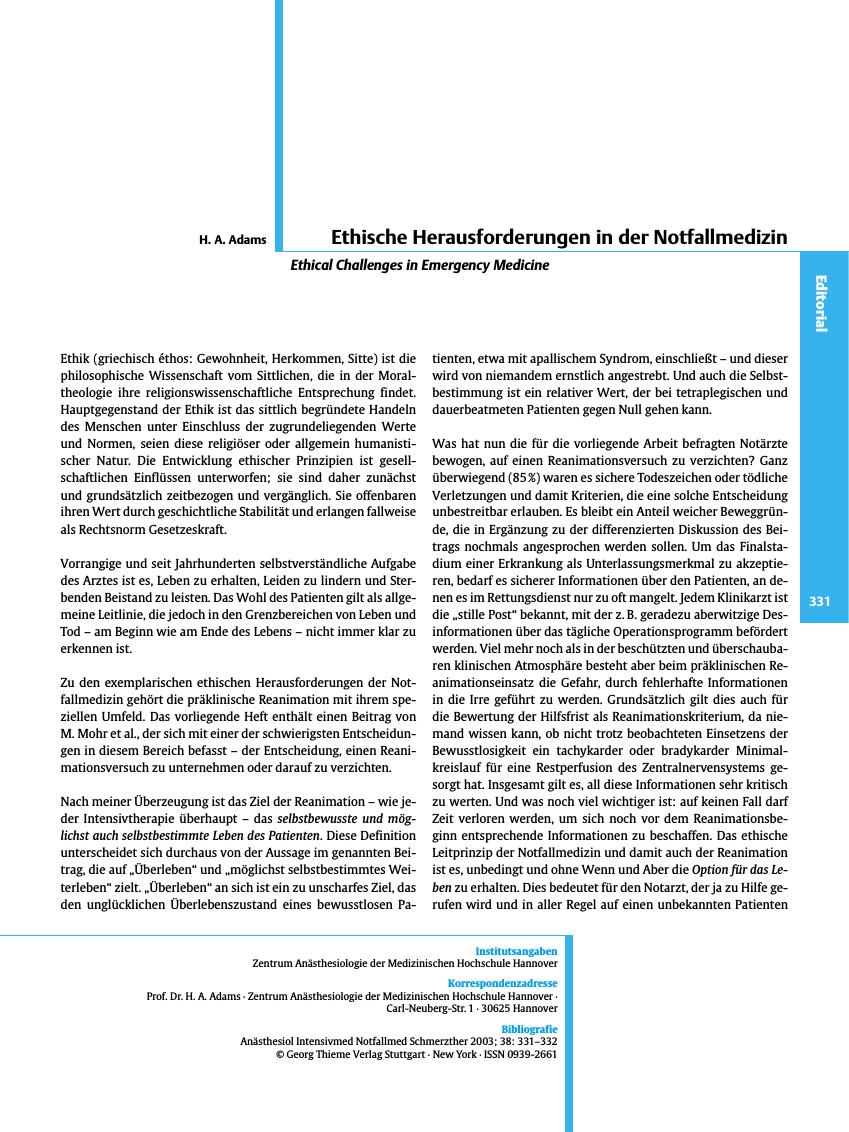 Vorschauseite 1: Ethische Herausforderungen in der Notfallmedizin