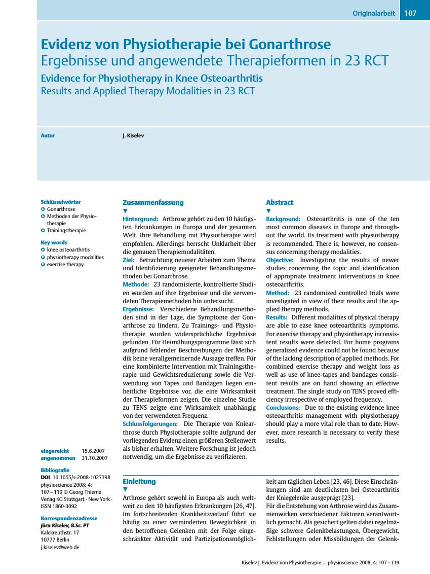 Vorschauseite 1: Evidenz von Physiotherapie bei Gonarthrose