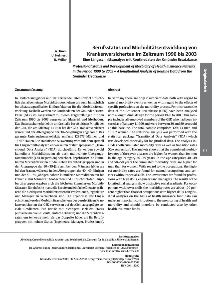 Vorschauseite 1: Berufsstatus und Morbiditätsentwicklung von Krankenversicherten im Zeitraum 1990 bis 2003