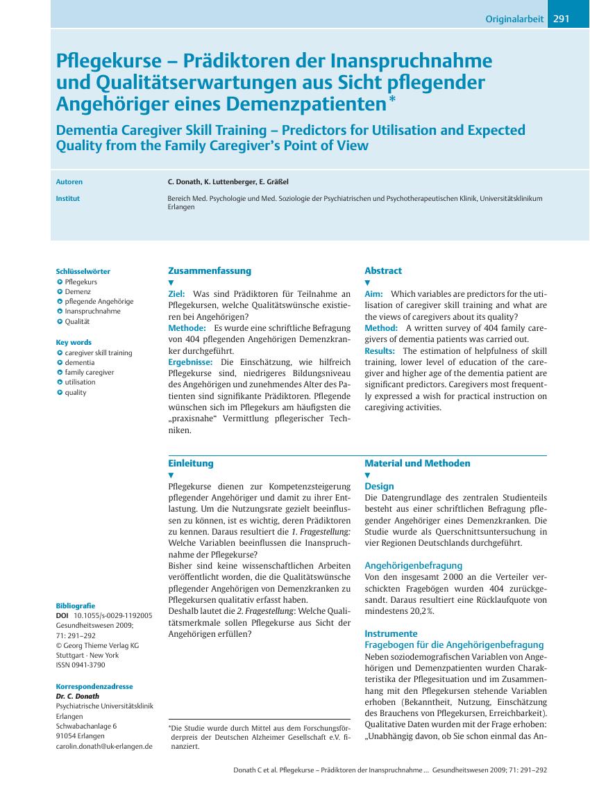 Vorschauseite 1: Pflegekurse – Prädiktoren der Inanspruchnahme und Qualitätserwartungen aus Sicht pflegender Angehöriger eines Demenzpatienten