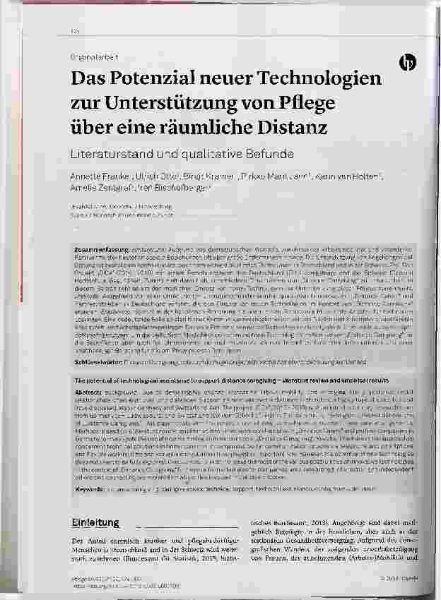 Vorschauseite 1: Das Potenzial neuer Technologien zur Unterstützung von Pflege über eine räumliche Distanz. Literaturstand und qualitative Befunde
