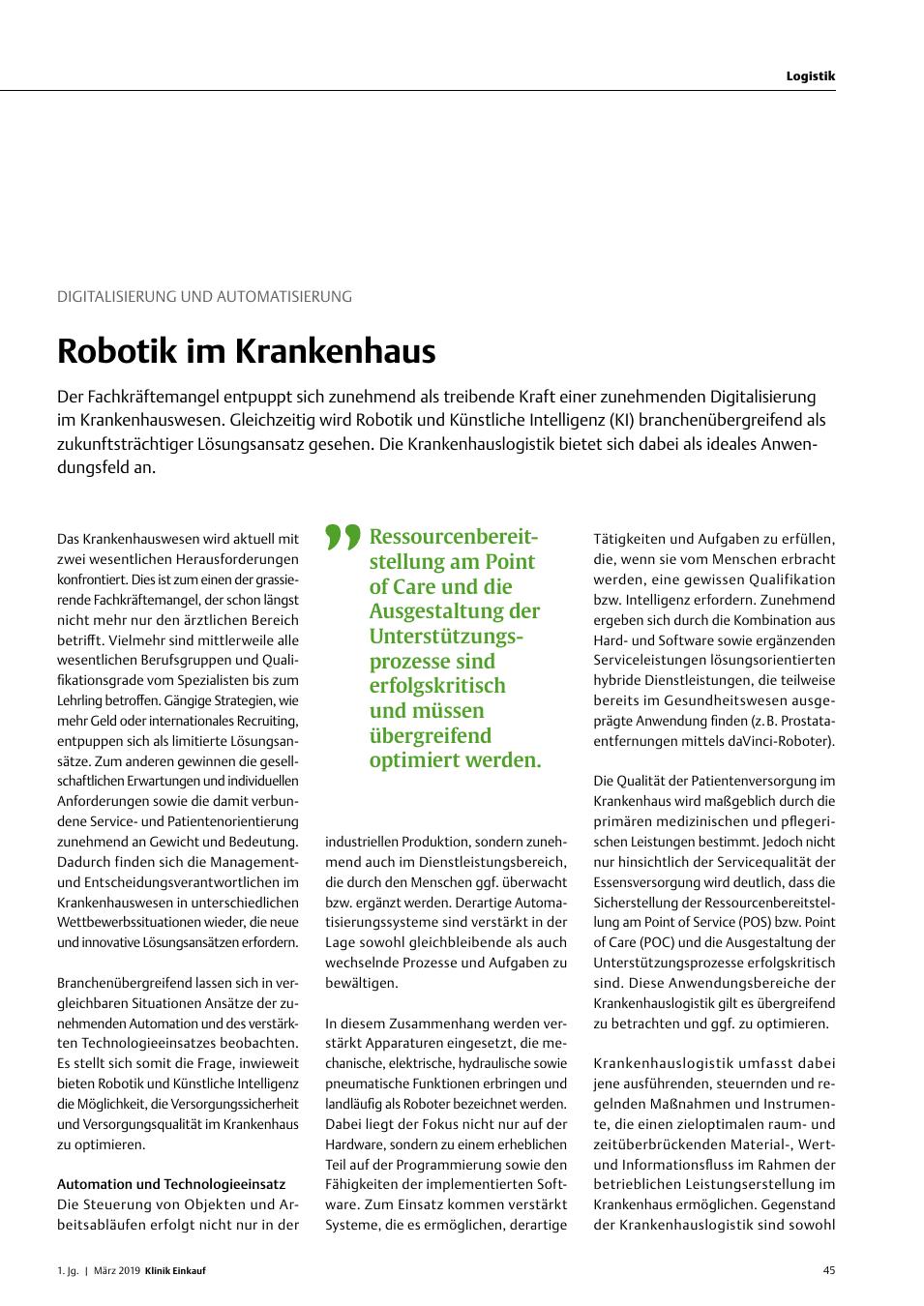 Vorschauseite 1: Digitalisierung und Automatisierung: Robotik im Krankenhaus