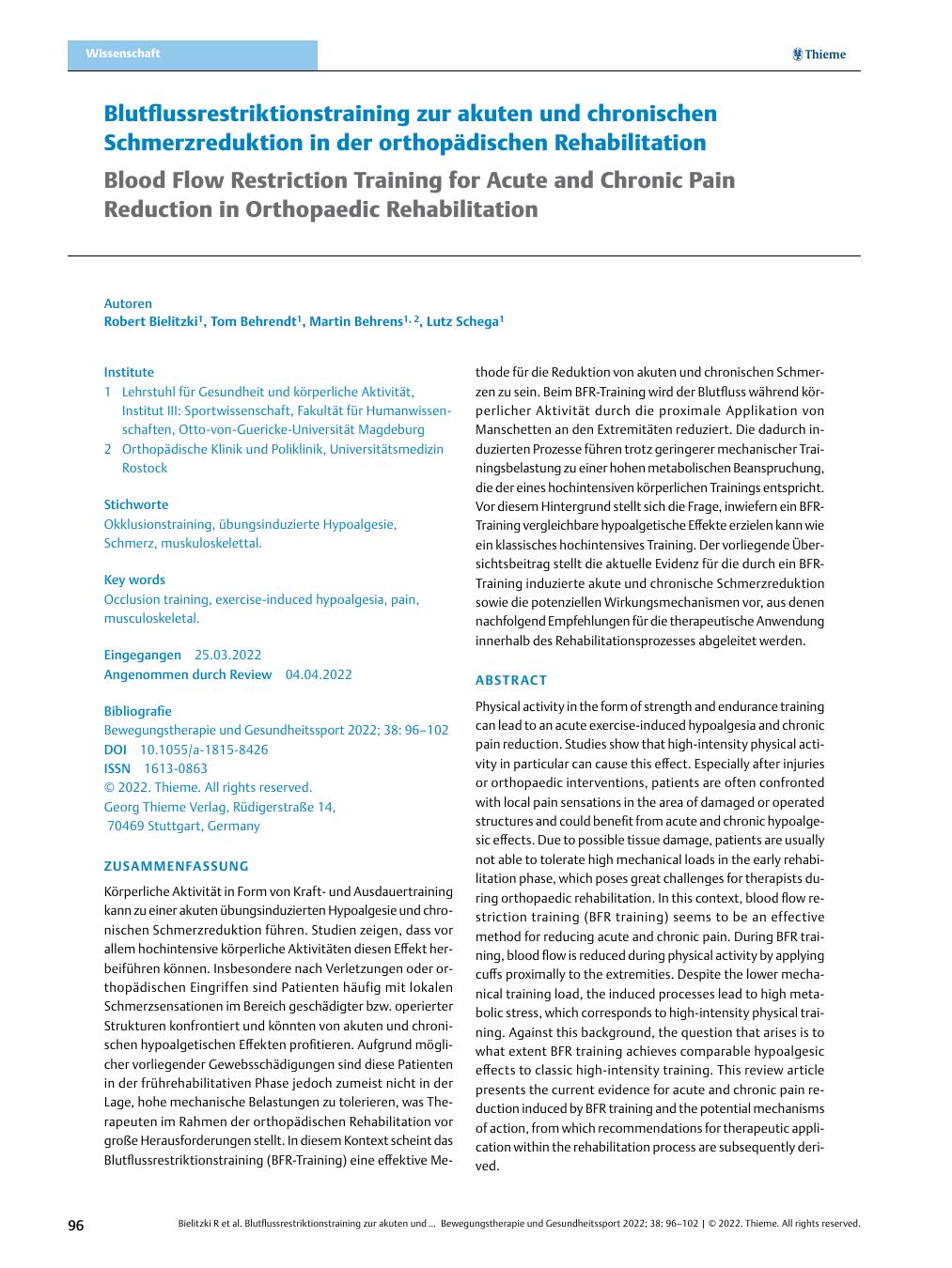 Vorschauseite 1: Blutflussrestriktionstraining zur akuten und chronischen Schmerzreduktion in der orthopädischen Rehabilitation