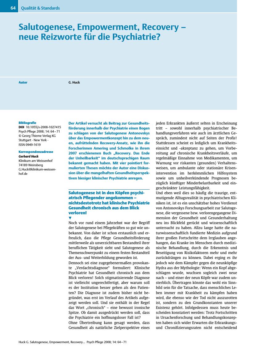 Vorschauseite 1: Salutogenese, Empowerment, Recovery - neue Reizworte für die Psychiatrie?