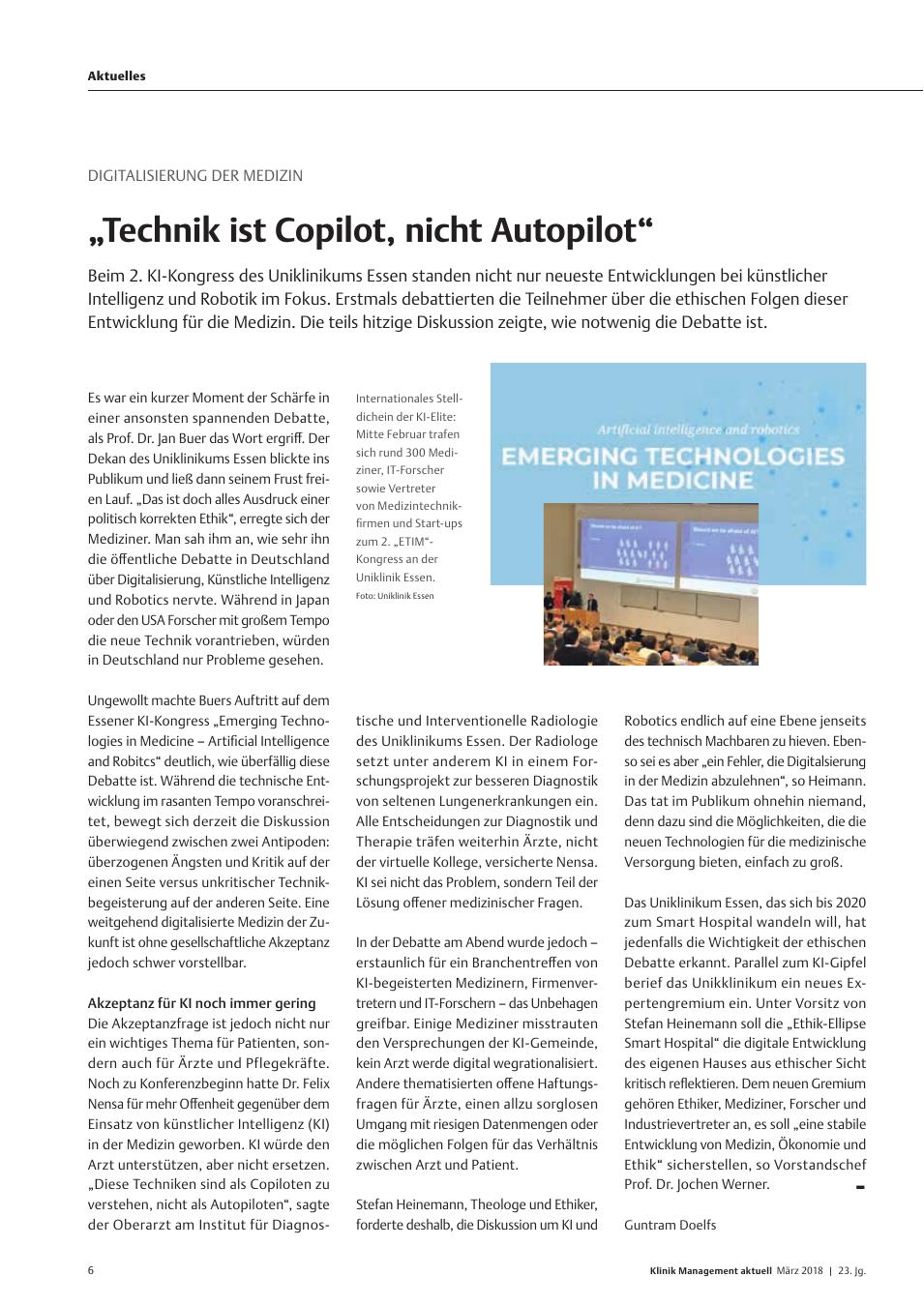 Vorschauseite 1: Digitalisierung der Medizin: „Technik ist Copilot, nicht Autopilot“