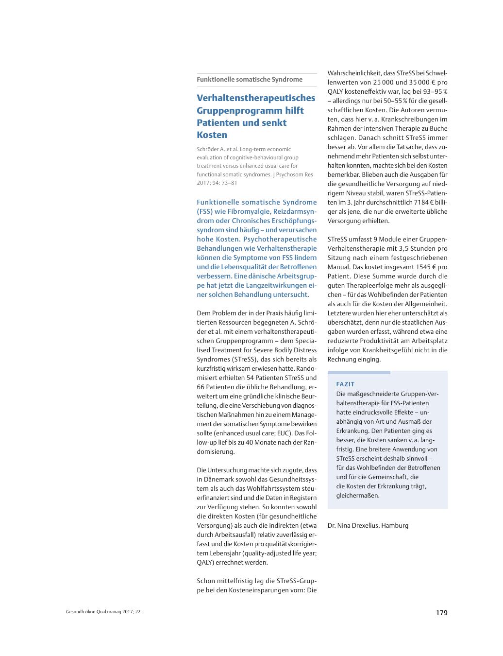 Vorschauseite 1: Funktionelle somatische Syndrome ? Verhaltenstherapeutisches Gruppenprogramm hilft Patienten und senkt Kosten