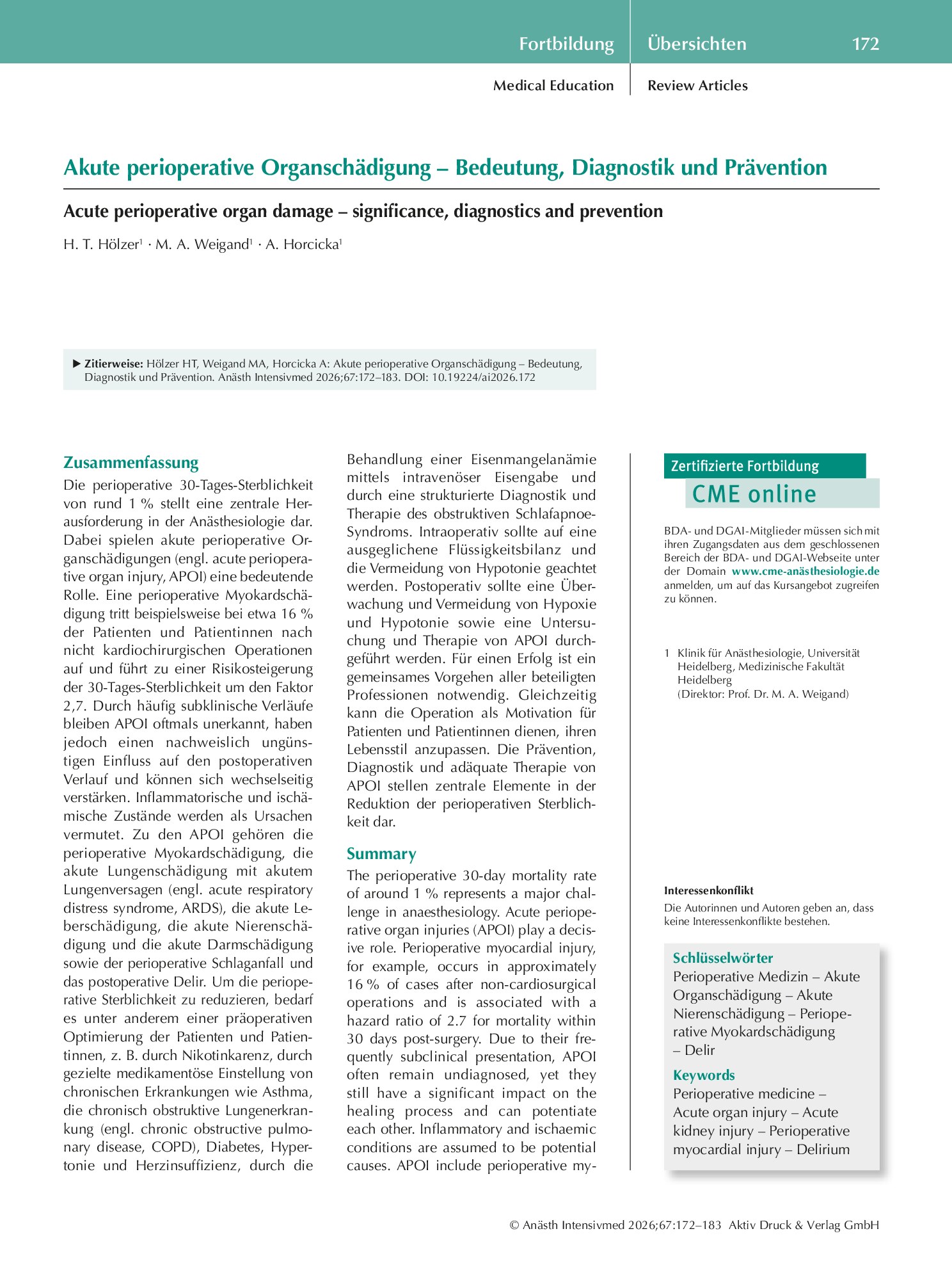 Vorschauseite 1: Akute perioperative Organschädigung – Bedeutung, Diagnostik und Prävention