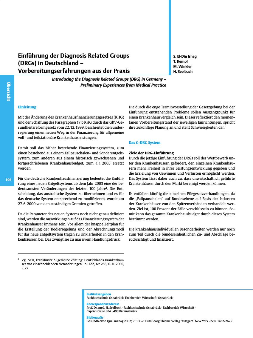 Vorschauseite 1: Einführung der Diagnosis Related Groups (DRGs) in Deutschland -Vorbereitungserfahrungen aus der Praxis