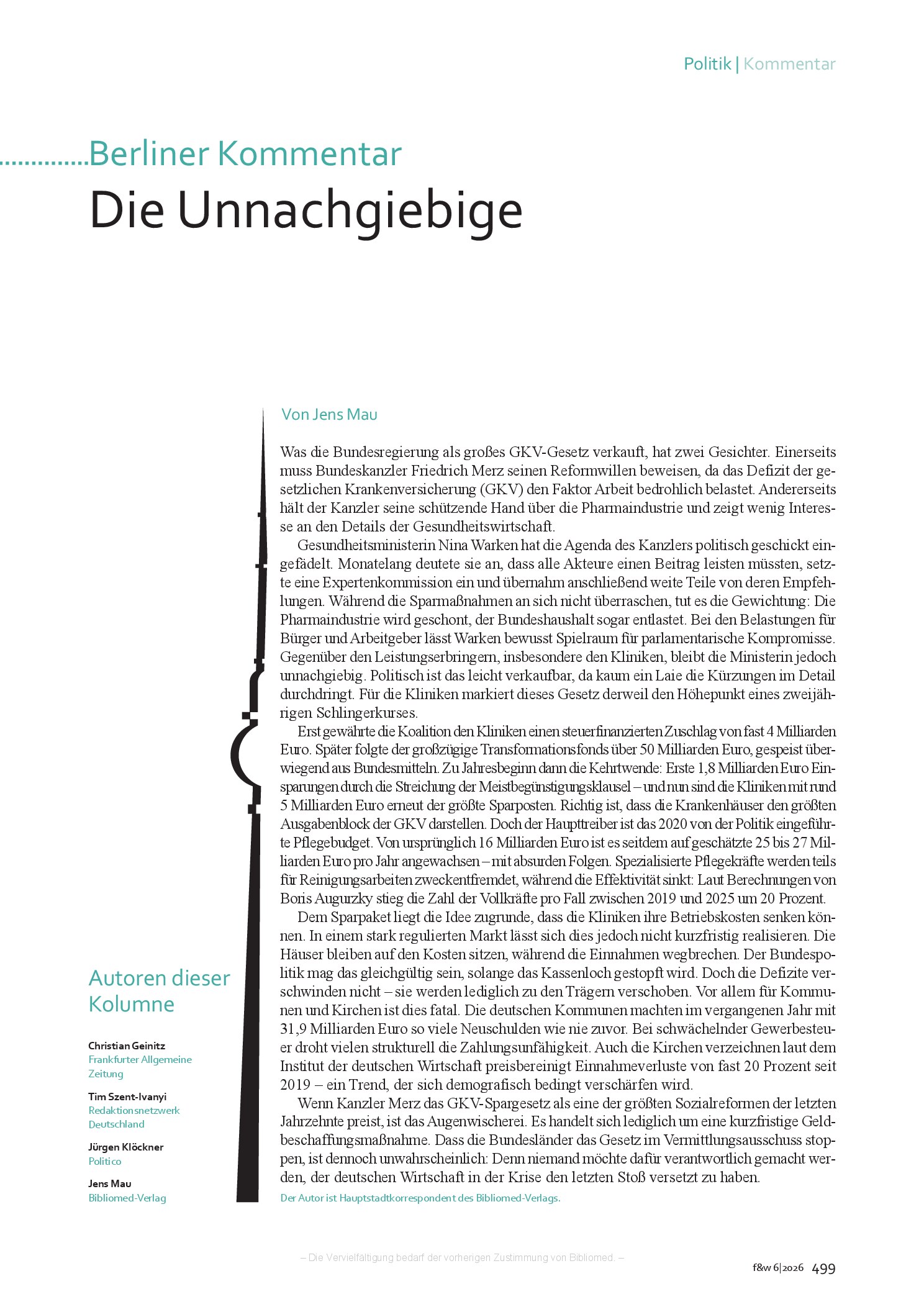 Vorschauseite 1: Berliner Kommentar: Die Unnachgiebige