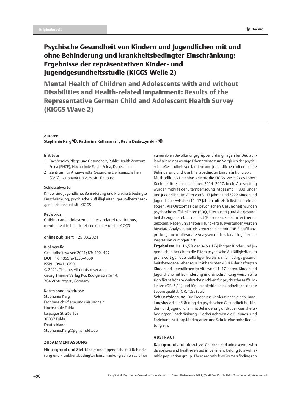 Vorschauseite 1: Psychische Gesundheit von Kindern und Jugendlichen mit und ohne Behinderung und krankheitsbedingter Einschränkung: Ergebnisse der repräsentativen Kinderund Jugendgesundheitsstudie…