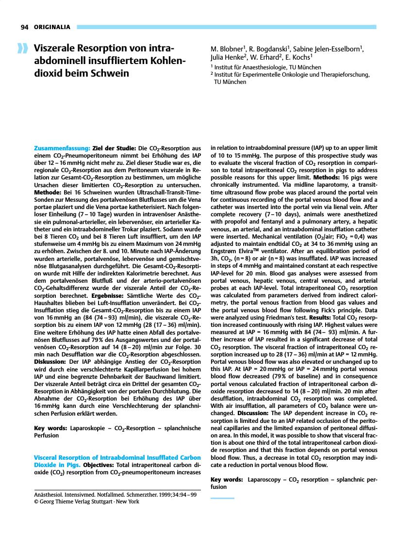 Vorschauseite 1: Viszerale Resorption von intraabdominell insuffliertem Kohlendioxid beim Schwein