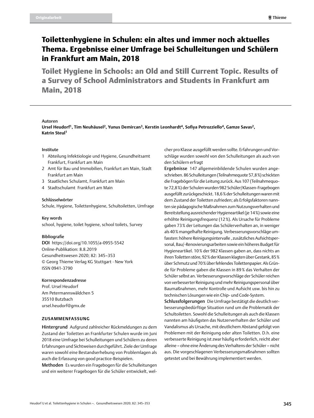 Vorschauseite 1: Toilettenhygiene in Schulen: ein altes und immer noch aktuelles Thema. Ergebnisse einer Umfrage bei Schulleitungen und Schülern in Frankfurt am Main, 2018