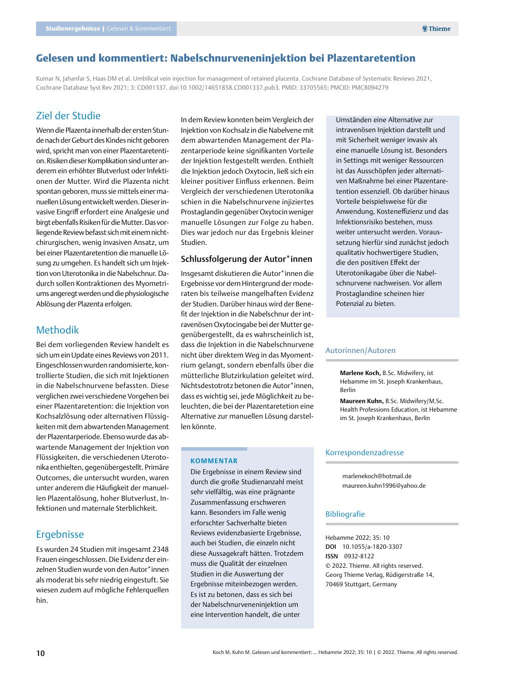Vorschauseite 1: Gelesen und kommentiert: Nabelschnurveneninjektion bei Plazentaretention
