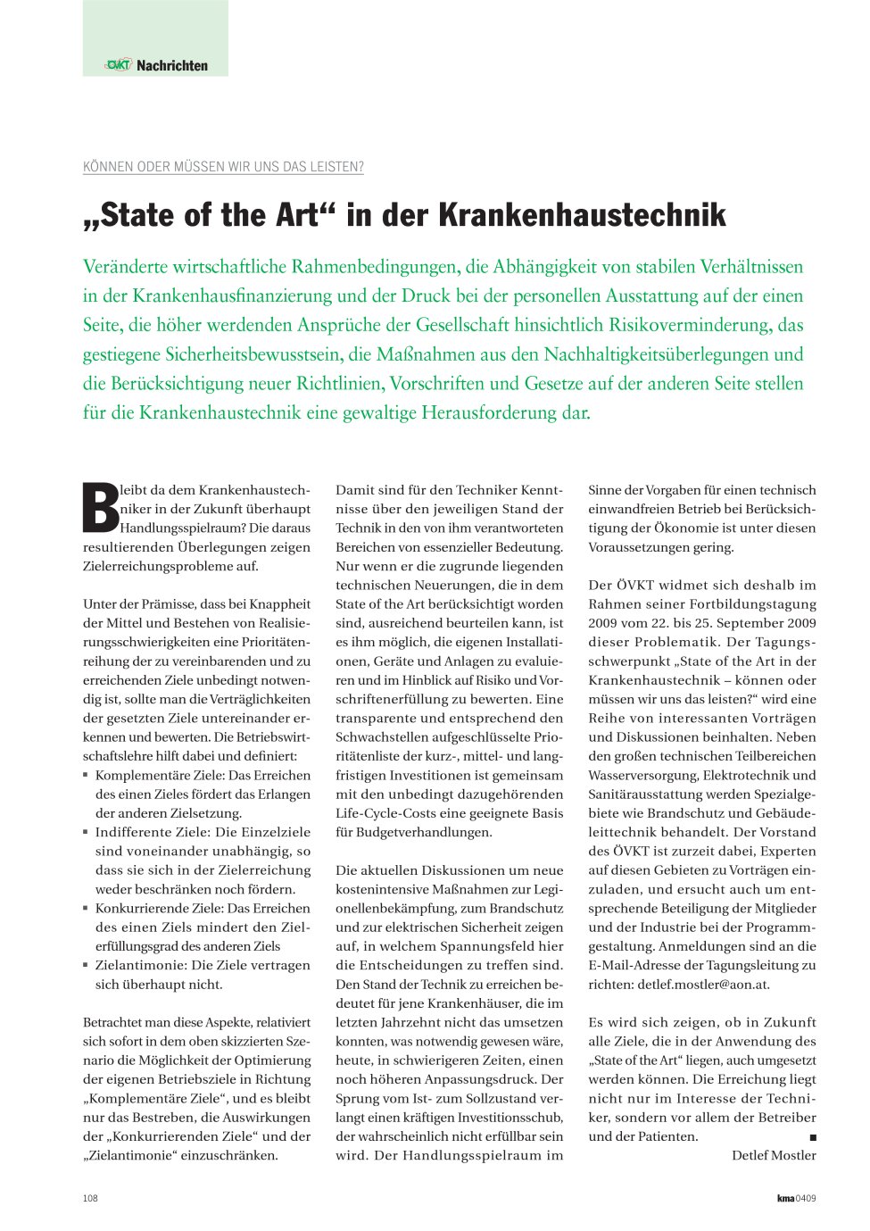 Vorschauseite 1: “State of the Art” in der Krankenhaustechnik