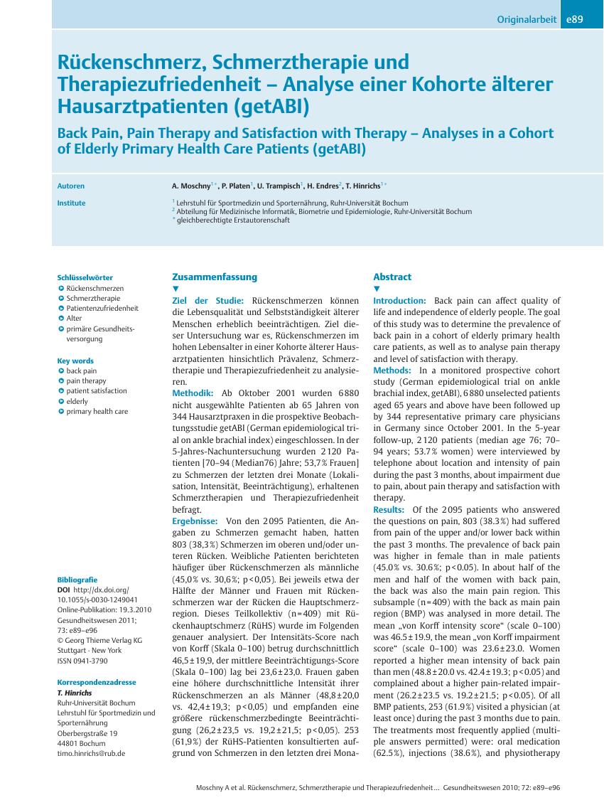Vorschauseite 1: Rückenschmerz, Schmerztherapie und Therapiezufriedenheit – Analyse einer Kohorte älterer Hausarztpatienten (getABI)
