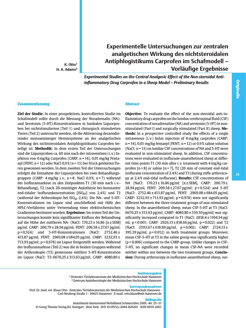 Vorschauseite 1: Experimentelle Untersuchungen zur zentralen analgetischen Wirkung des nichtsteroidalen Antiphlogistikums Carprofen im Schafmodell - Vorläufige Ergebnisse