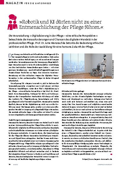 Vorschauseite 1: "Robotik und KI dürfen nicht zu einer Entmenschlichung der Pflege führen."