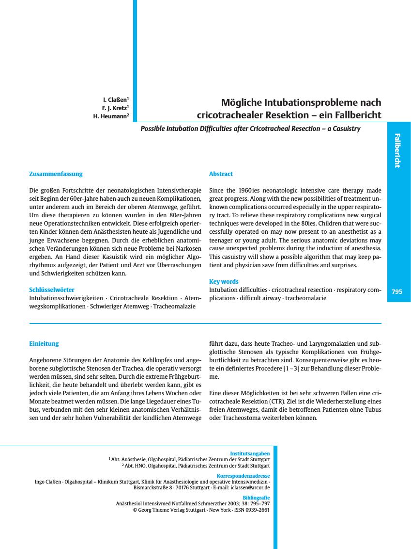 Vorschauseite 1: Mögliche Intubationsprobleme nach cricotrachealer Resektion - ein Fallbericht