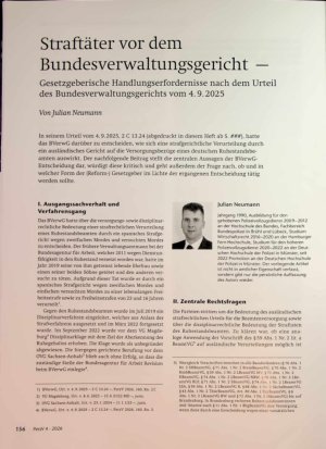 Vorschauseite 1: Straftäter vor dem Bundesverwaltungsgericht — Gesetzgeberische Handlungserfordernisse nach dem Urteil des Bundesverwaltungsgerichts vom 4. 9. 2025