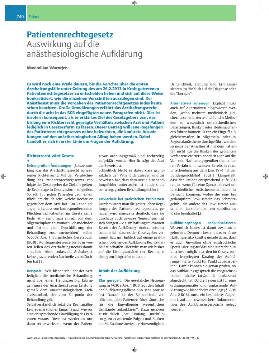 Vorschauseite 1: Patientenrechtegesetz – Auswirkung auf die anästhesiologische Aufklärung