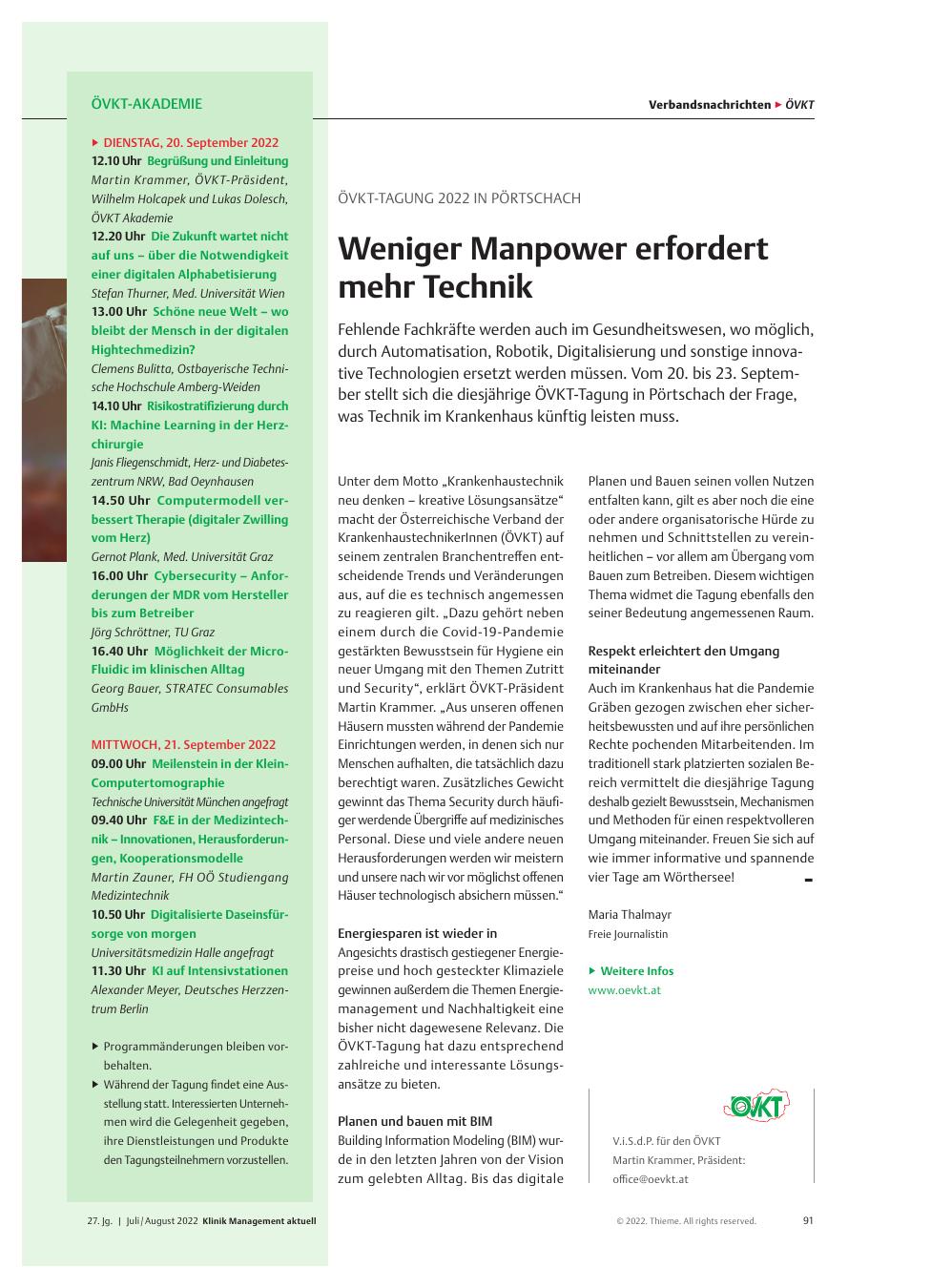 Vorschauseite 1: ÖVKT-Tagung 2022 in Pörtschach: Weniger Manpower erfordert mehr Technik