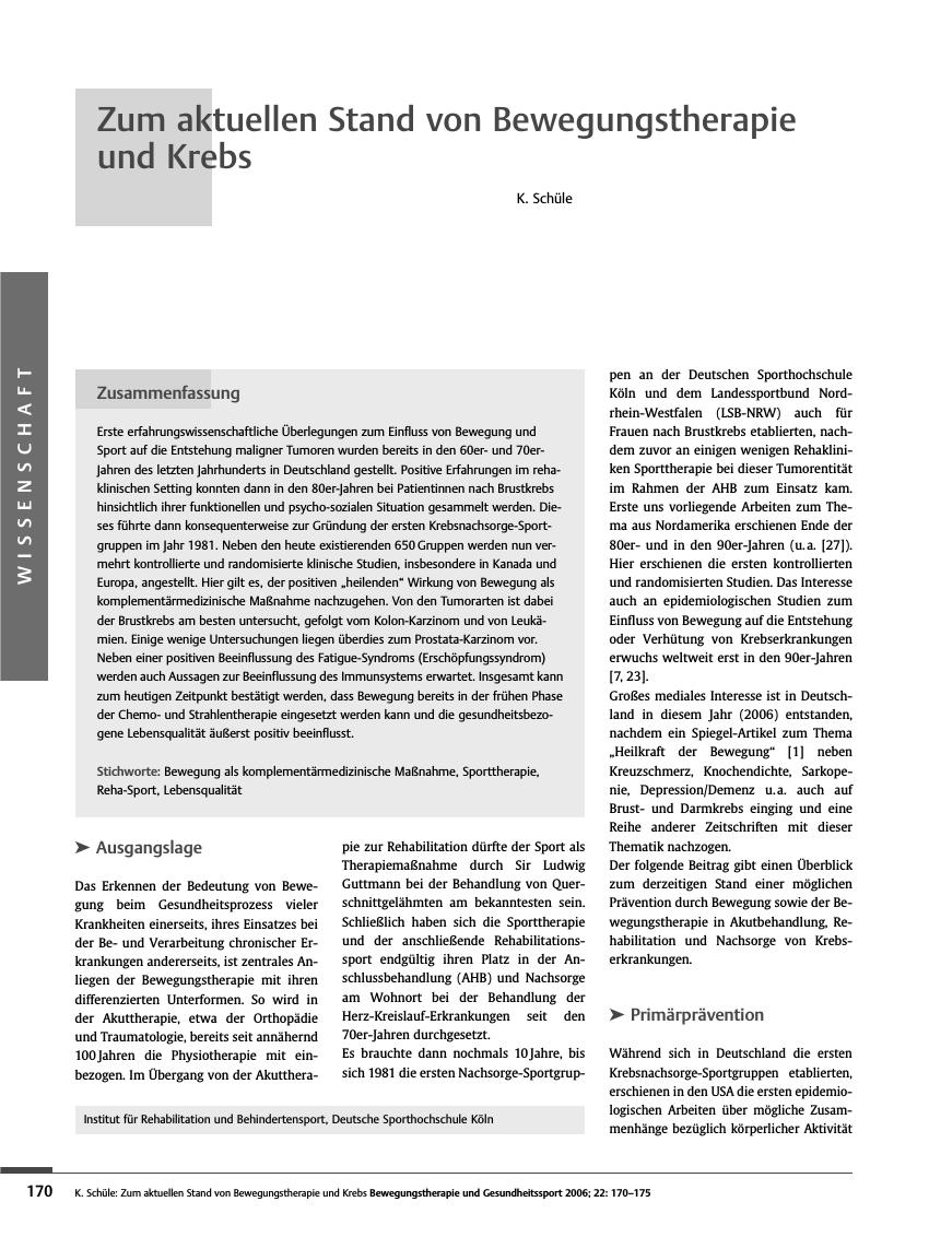 Vorschauseite 1: Zum aktuellen Stand von Bewegungstherapie und Krebs