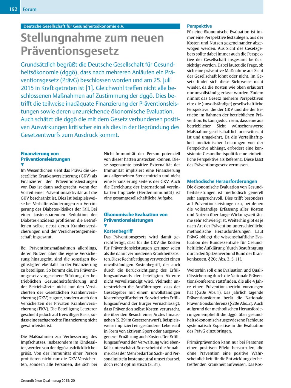 Vorschauseite 1: Deutsche Gesellschaft für Gesundheitsökonomie e.V. ? Stellungnahme zum neuen Präventionsgesetz