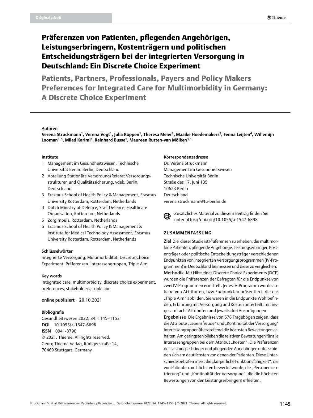 Vorschauseite 1: Präferenzen von Patienten, pflegenden Angehörigen, Leistungserbringern, Kostenträgern und politischen Entscheidungsträgern bei der integrierten Versorgung in Deutschland: Ein Disc…