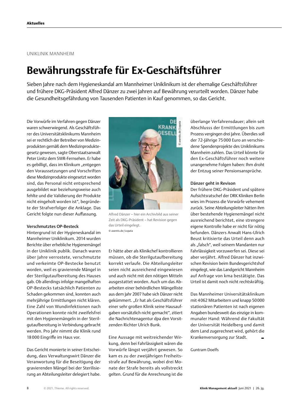 Vorschauseite 1: Uniklinik Mannheim: Bewährungsstrafe für Ex-Geschäftsführer