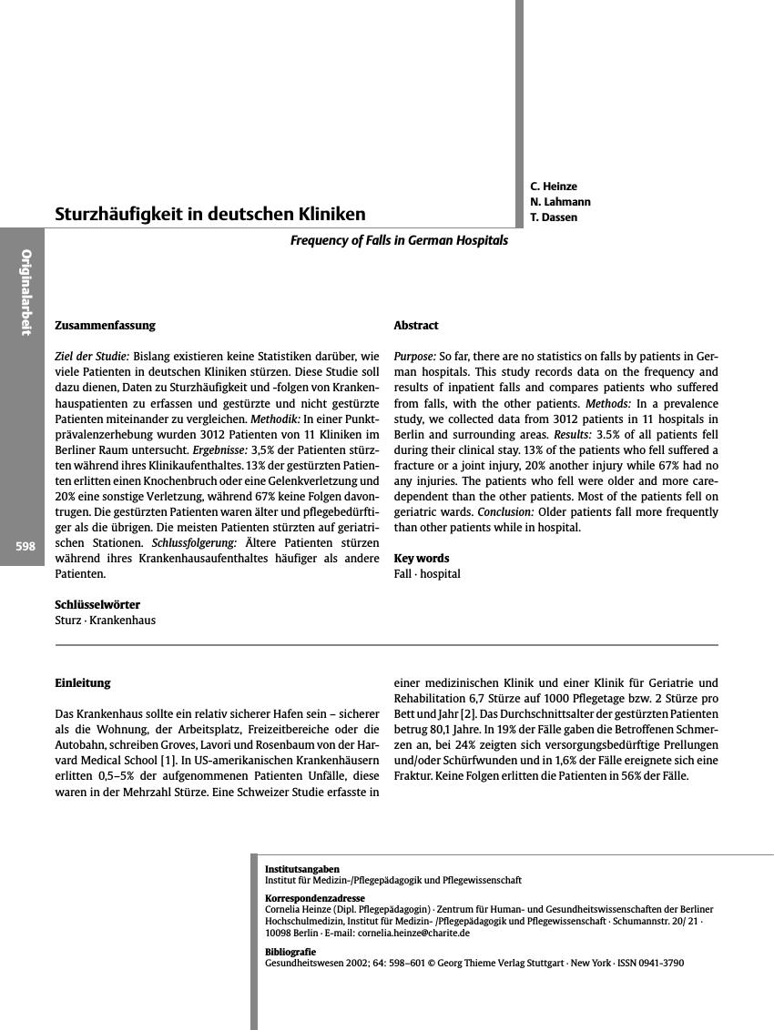 Vorschauseite 1: Sturzhäufigkeit in deutschen Kliniken