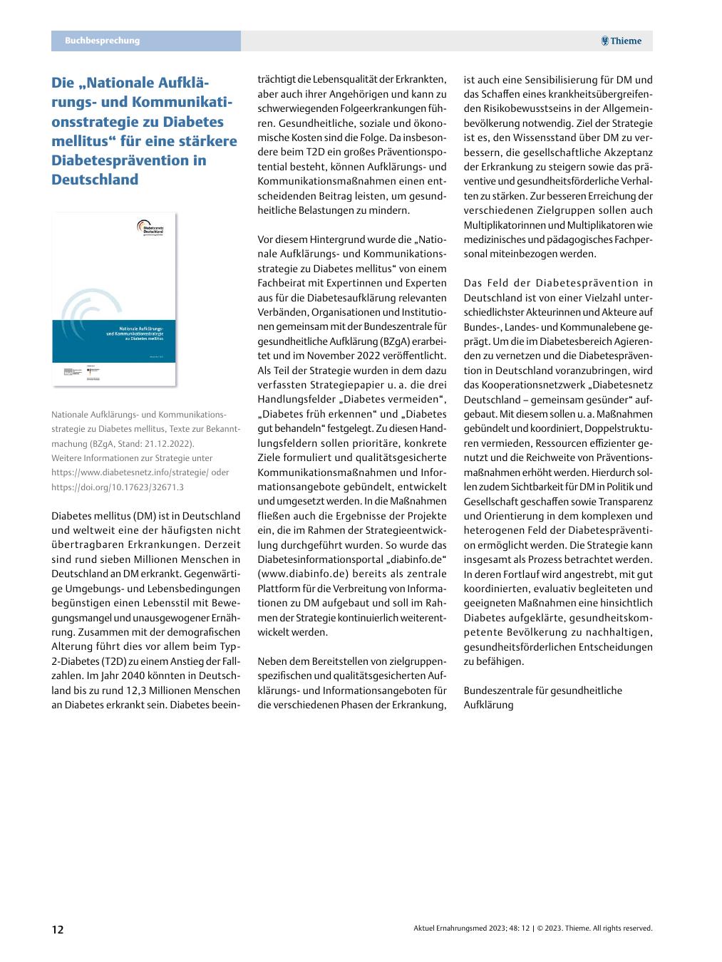 Vorschauseite 1: Die „Nationale Aufklärungsund Kommunikationsstrategie zu Diabetes mellitus“ für eine stärkere Diabetesprävention in Deutschland