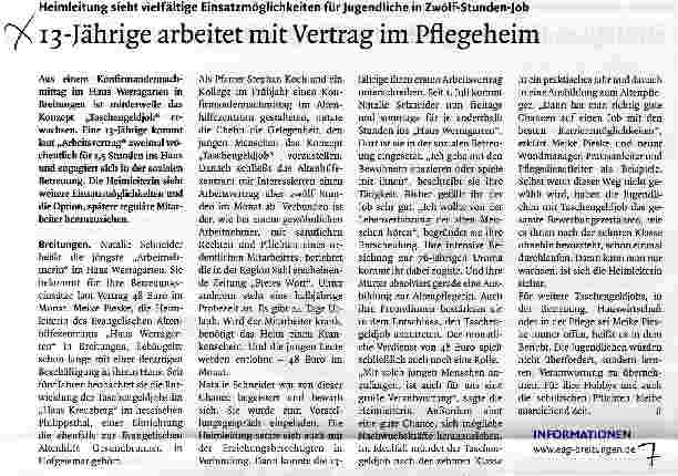 Vorschauseite 1: 13-Jährige arbeitet mit Vertrag im Pflegeheim