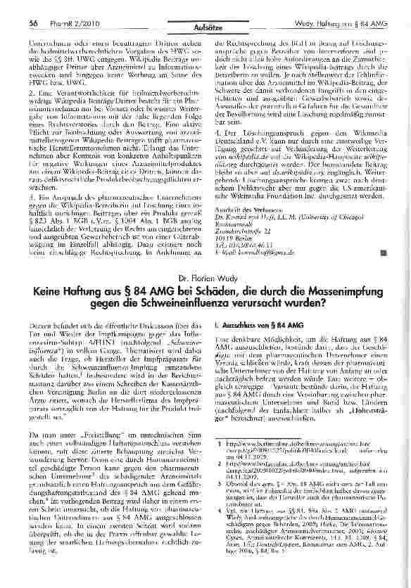 Vorschauseite 1: Keine Haftung aus § 84 AMG bei Schäden, die durch die Massenimpfung gegen die Schweineinfluenza verursacht wurden?