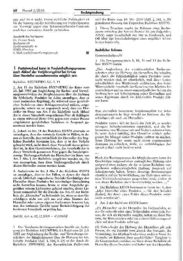 Vorschauseite 5: Keine Haftung aus § 84 AMG bei Schäden, die durch die Massenimpfung gegen die Schweineinfluenza verursacht wurden?