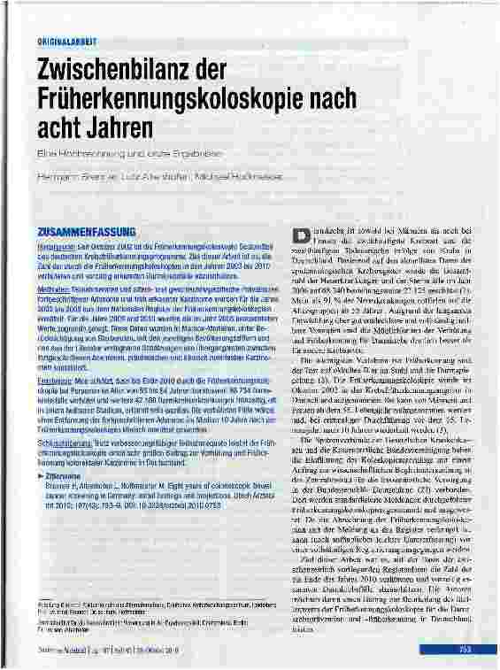 Vorschauseite 1: Zwischenbilanz der Früherkennungskoloskopie nach acht Jahren