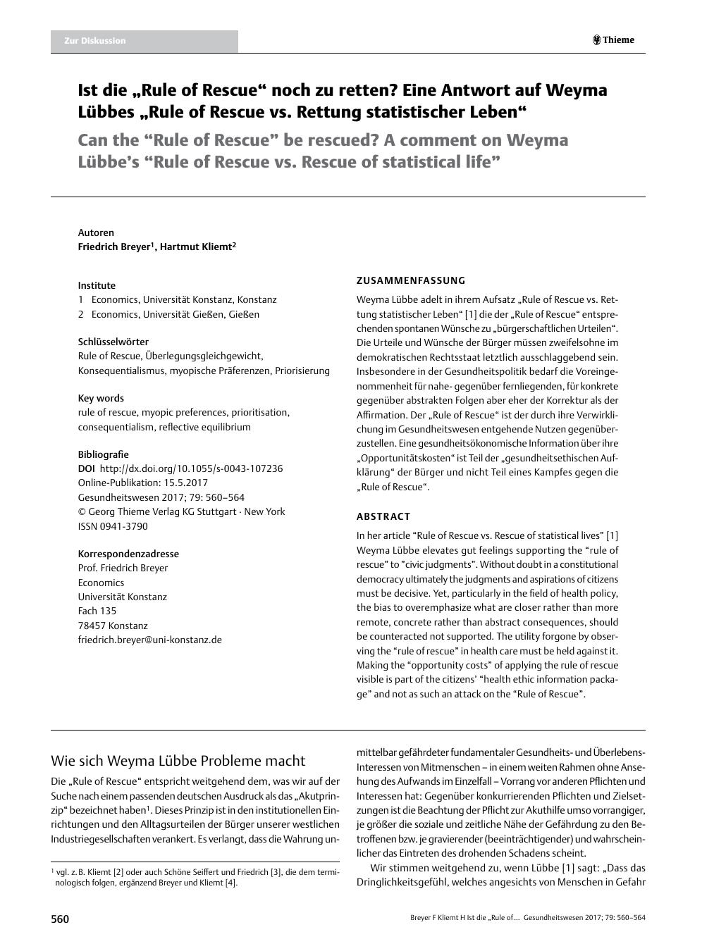 Vorschauseite 1: Ist die „Rule of Rescue“ noch zu retten? Eine Antwort auf Weyma Lübbes „Rule of Rescue vs. Rettung statistischer Leben“