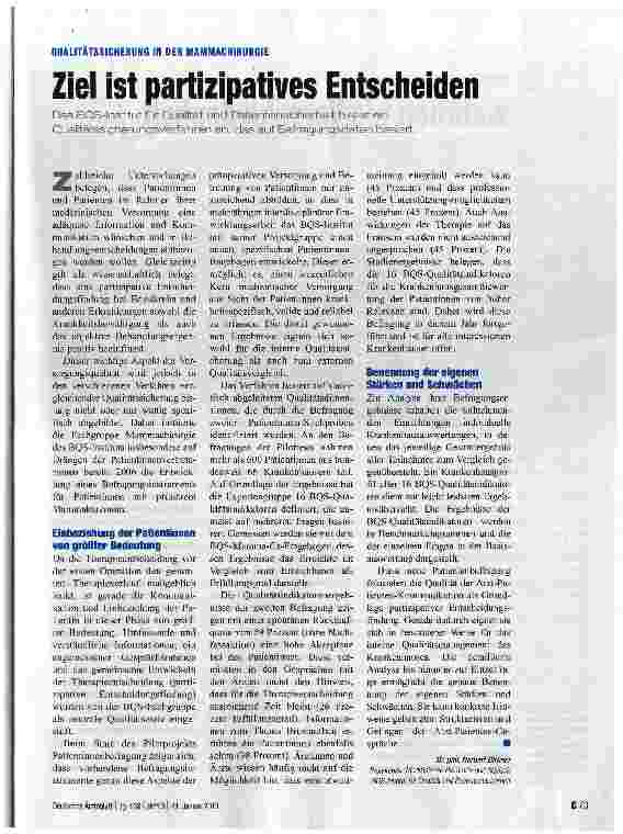 Vorschauseite 1: QUALITÄTSSICHERUNG IN DER MAMMACHIRURGIEZiel ist partizipatives EntscheidenDas BGS-Institut für Qualität und Patientensicherheit bietet ein Qualitätssicherungsverfahren an, das au…