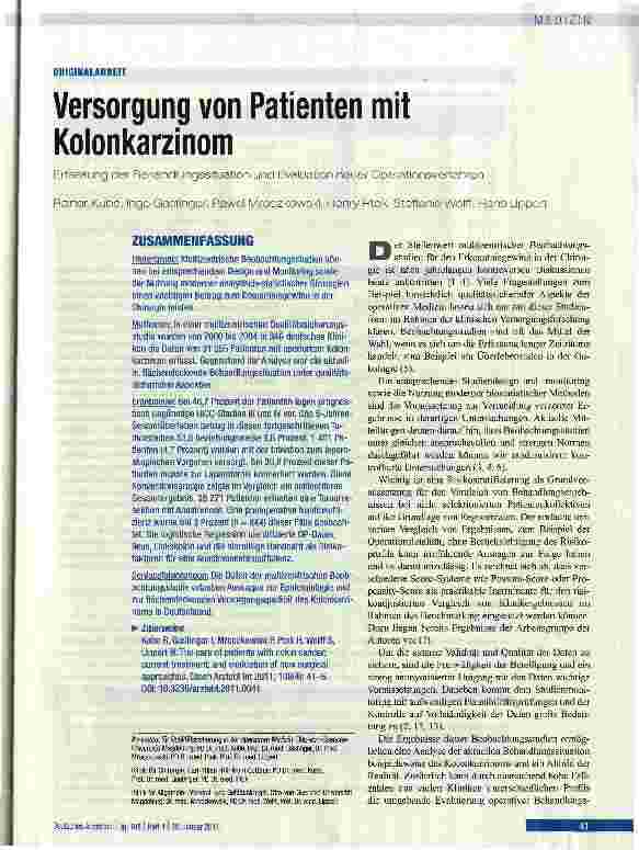 Vorschauseite 1: Versorgung von Patienten mit KolonkarzinomErfassung der Behandlungssituation und Evaluation neuer Operationsverfahren