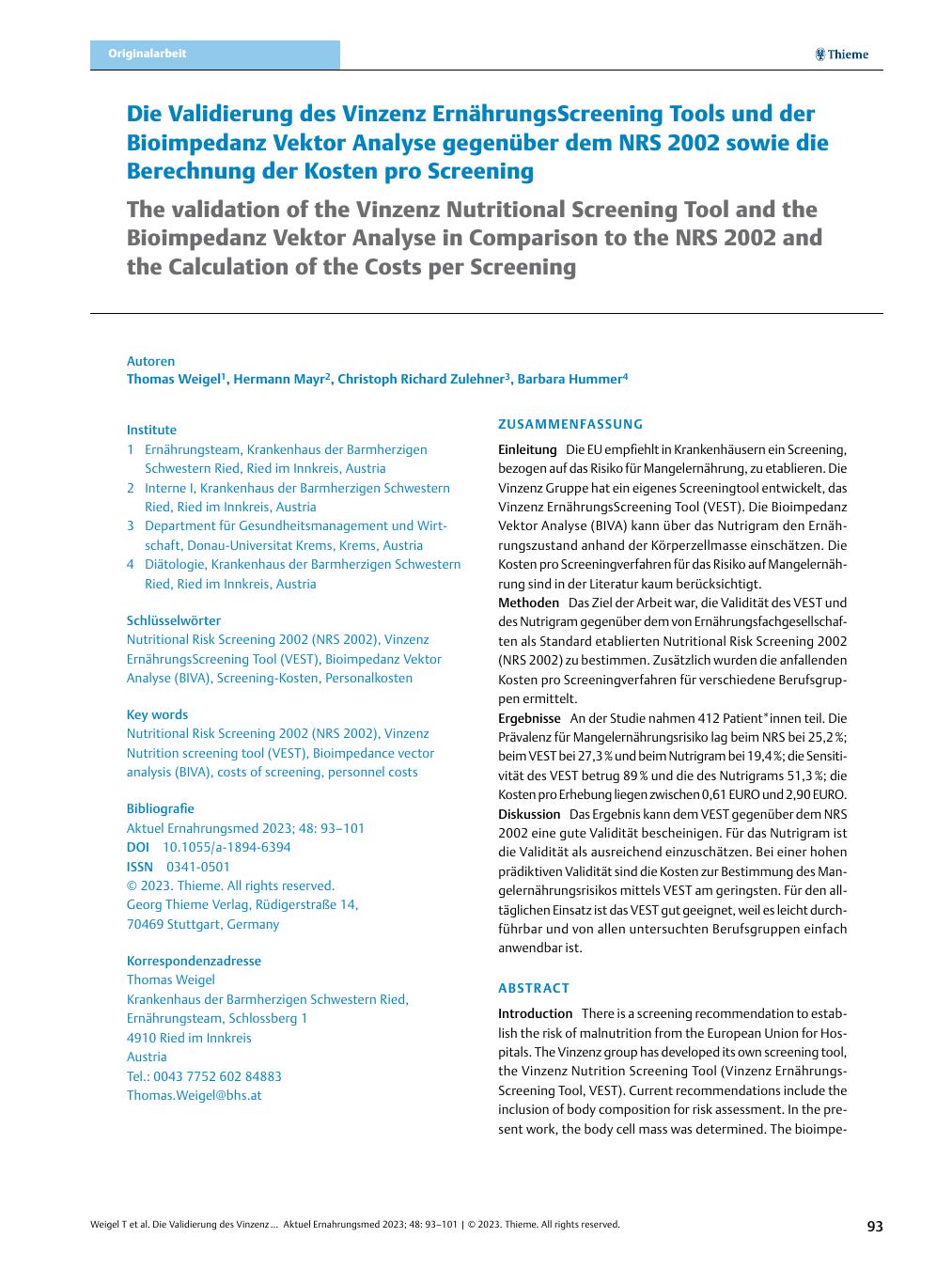 Vorschauseite 1: Die Validierung des Vinzenz ErnährungsScreening Tools und der Bioimpedanz Vektor Analyse gegenüber dem NRS 2002 sowie die Berechnung der Kosten pro Screening
