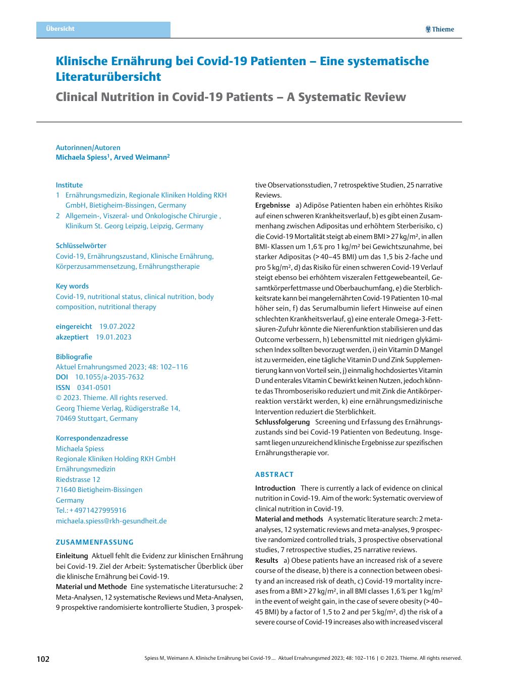 Vorschauseite 1: Klinische Ernährung bei Covid-19 Patienten – Eine systematische Literaturübersicht