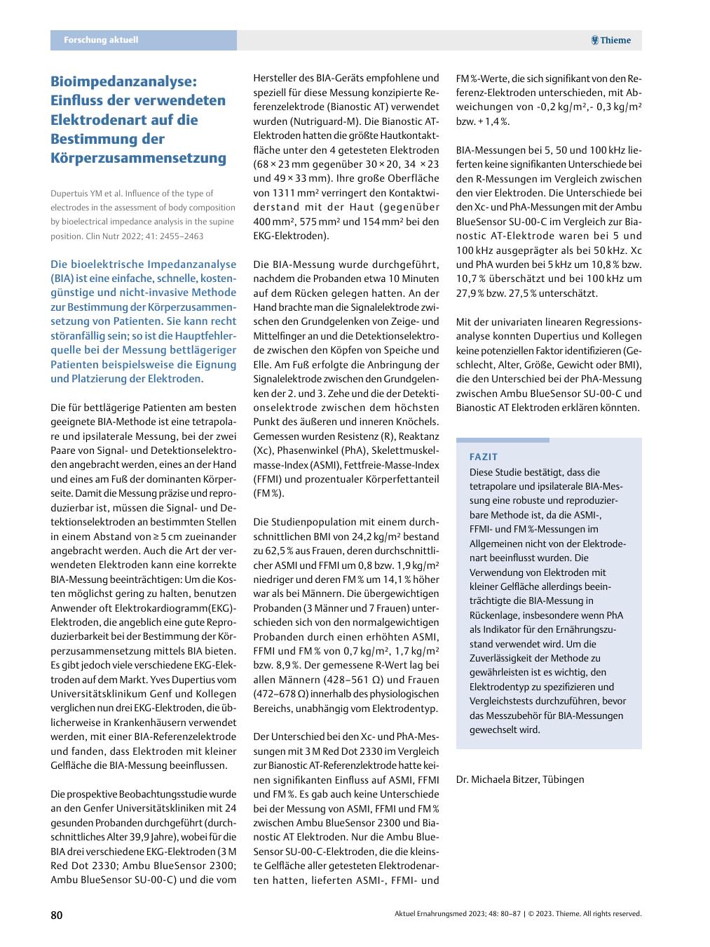Vorschauseite 1: Bioimpedanzanalyse: Einfluss der verwendeten Elektrodenart auf die Bestimmung der Körperzusammensetzung