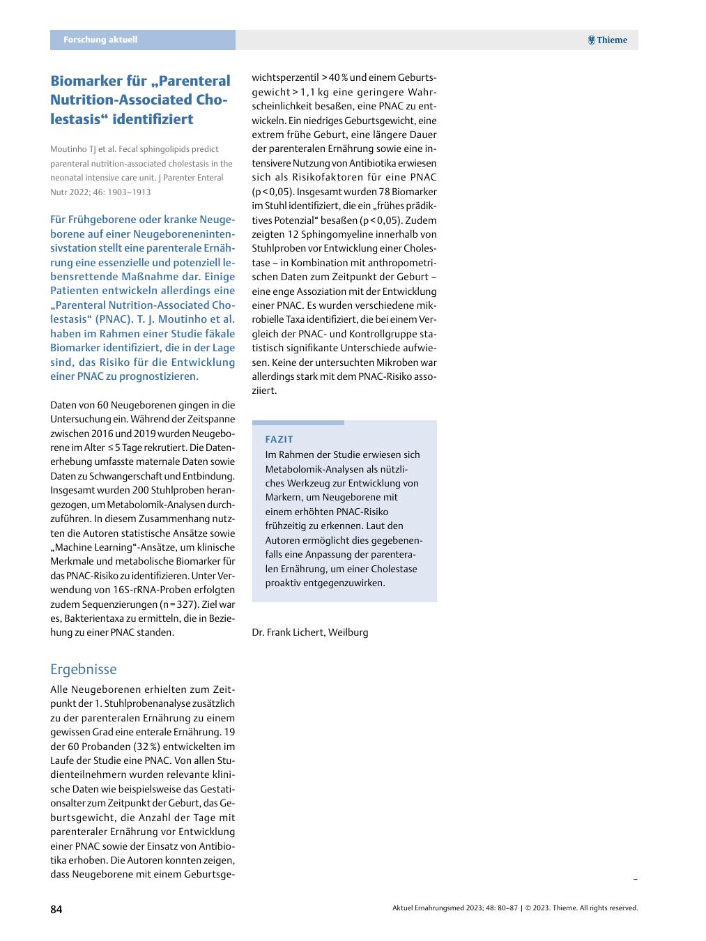 Vorschauseite 1: Biomarker für „Parenteral Nutrition-Associated Cholestasis“ identifiziert