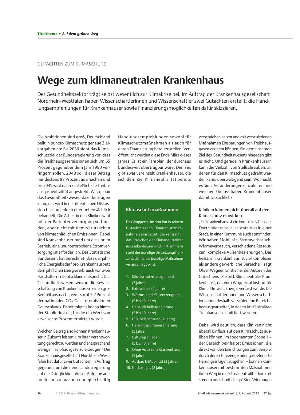 Vorschauseite 1: Gutachten zum Klimaschutz: Wege zum klimaneutralen Krankenhaus