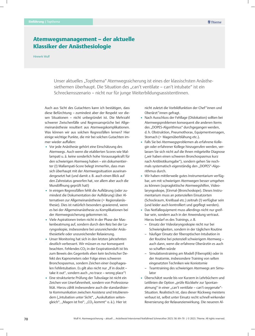 Vorschauseite 1: Atemwegsmanagement - der aktuelle Klassiker der Anästhesiologie