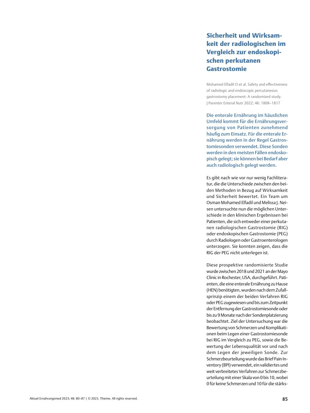 Vorschauseite 1: Sicherheit und Wirksamkeit der radiologischen im Vergleich zur endoskopischen perkutanen Gastrostomie